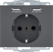 Berker K.1 Антрацит матовый Розетка с/з USB A+A, 2.4А ( USB type-A 5V)