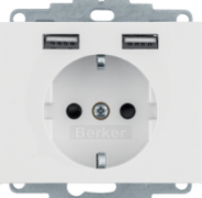 Berker K.1 Белый глянцевый Розетка с/з USB A+A, 2.4А ( USB type-A 5V)
