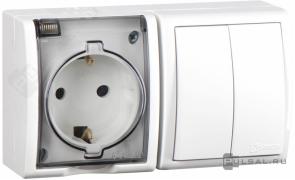 Блок, розетка + выключательSimon 15 Aqua, без шторок, с заземлением, одинарная, винтовые клеммы, цвет - белый