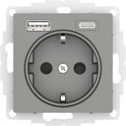 Atlas Design Сталь Розетка с/з+USB Розетка A+C, 5В/2,4А/3,0А+2х5В/1,5А
