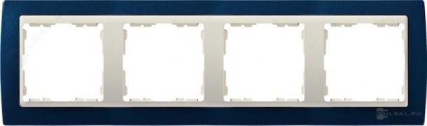 РамкаSimon 82, 4 поста, цвет - синий металлик, слоновая кость, металл