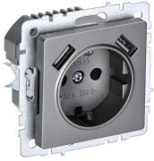 IEK Brite Base Сталь Розетка с/з+USB Розетка A+A, (USB type-A 5V, 2,1А)