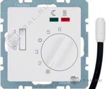 Терморегулятор 10А, НО-контакт, 230В
Q.1,  Q.3,  Q.7,  поворотный,  датчик t° пола (внешний),  без таймера,   цвет - белый бархат