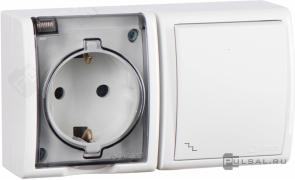 Блок, розетка + переключательSimon 15 Aqua, без шторок, с заземлением, одинарная, винтовые клеммы, цвет - белый