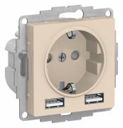 Atlas Design Бежевый Розетка с/з+USB Розетка A+A, 5В/2,4А, 2х5В/1,2А