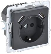 IEK Brite Base Графит Розетка с/з+USB Розетка A+A, (USB type-A 5V, 2,1А)