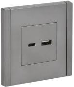 IEK Fortepiano Сталь Розетка USB А+C, 18Вт быстрая зарядка (USB type-C 5V, USB type-A 5V)