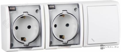 Блок, розетка двойная + переключательSimon 15 Aqua, без шторок, с заземлением, двойная, винтовые клеммы, цвет - белый