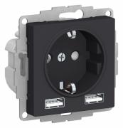 Atlas Design Карбон Розетка с/з+USB Розетка A+A, 5В/2,4А, 2х5В/1,2А