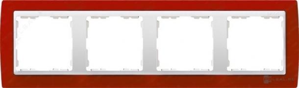 РамкаSimon 82, 4 поста, цвет - красный полупрозрачный, белый, металл, пластмасса