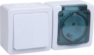 IEK Germes Plus Белый Наружный Блок: Розетка с/з + выключатель 1-кл, IP54