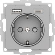 Atlas Design Алюминий Розетка с/з+USB Розетка A+C, 5В/2,4А/3,0А+2х5В/1,5А