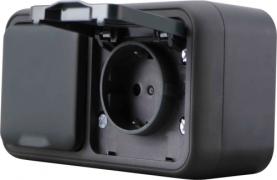 Donel W55 Антрацит Наружный Блок горизонтальный Розетка с/з 2-ая со шторками с крышкой, IP55