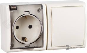 Блок, розетка + выключательSimon 15 Aqua, без шторок, с заземлением, одинарная, винтовые клеммы, цвет - слоновая кость