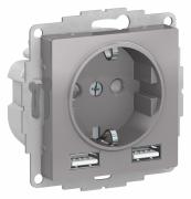 Atlas Design Алюминий Розетка с/з+USB Розетка A+A, 5В/2,4А, 2х5В/1,2А