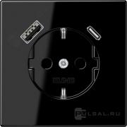 Jung LS 990 Черный Розетка с/з USB A+С, (USB type-C 5V, USB type-A 5V)