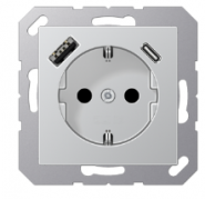 Jung A 500 Алюминий Розетка с/з USB A+С, (USB type-C 5V, USB type-A 5V)