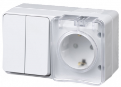 Atlas Design Profi 54 Белый Наружный Блок: Розетка с/з + выключатель 2-кл, IP54